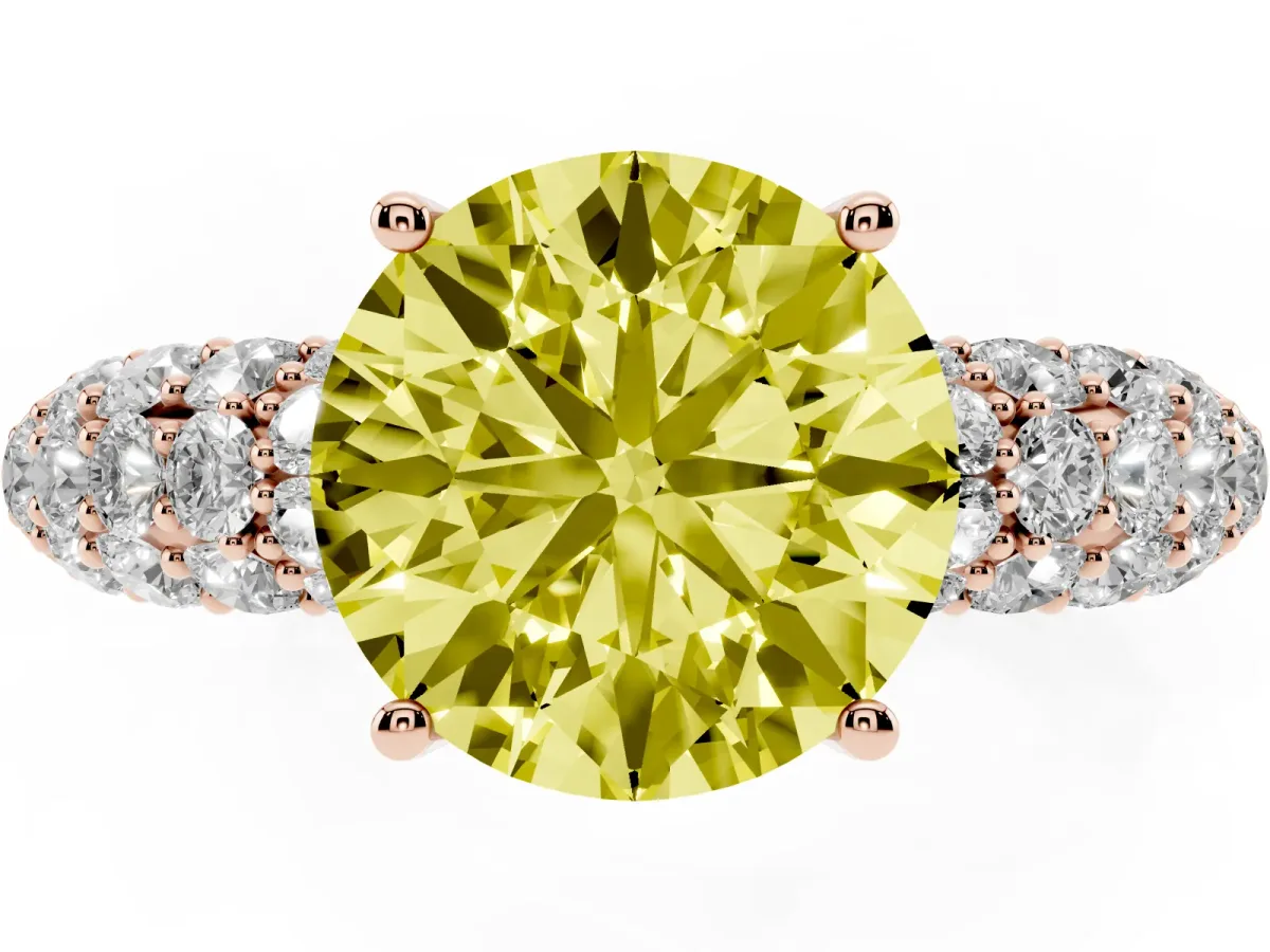 Fancy Yellow Round Cut Diamond Pavé Band Solitaire Ring with Four-Prong Setting Rose gold
