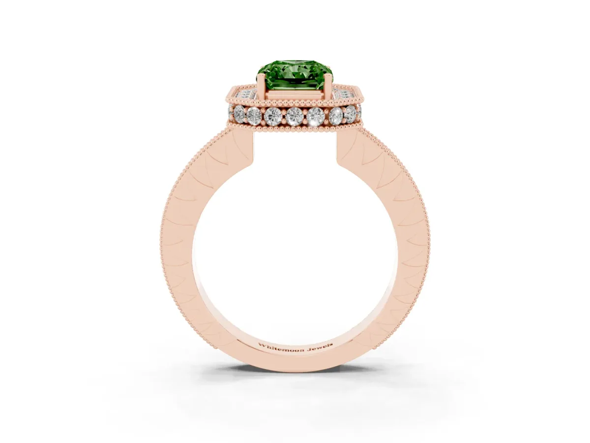 Fancy Green Radiant Cut Diamond Milgrain Halo Engagement Ring with Round Pavé Band and Prong Setting Rose gold
