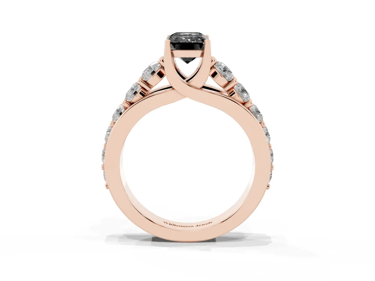 Fancy Black Emerald Cut Diamond Engagement Ring with Pavé Band and Four-Prong Setting Rose gold