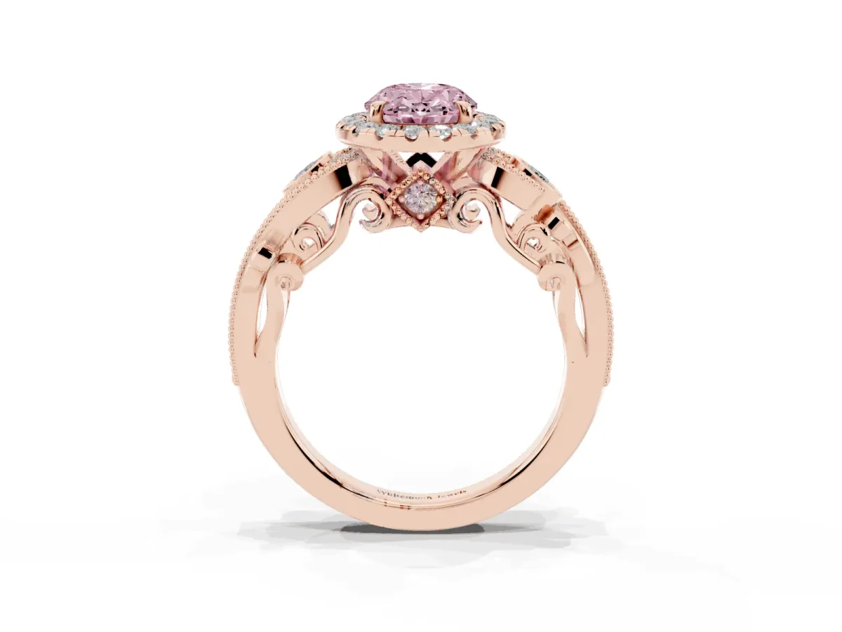 Fancy Pink Oval Cut Diamond Halo Ring with Milgrain Pavé Band and Four-Prong Setting Rose gold