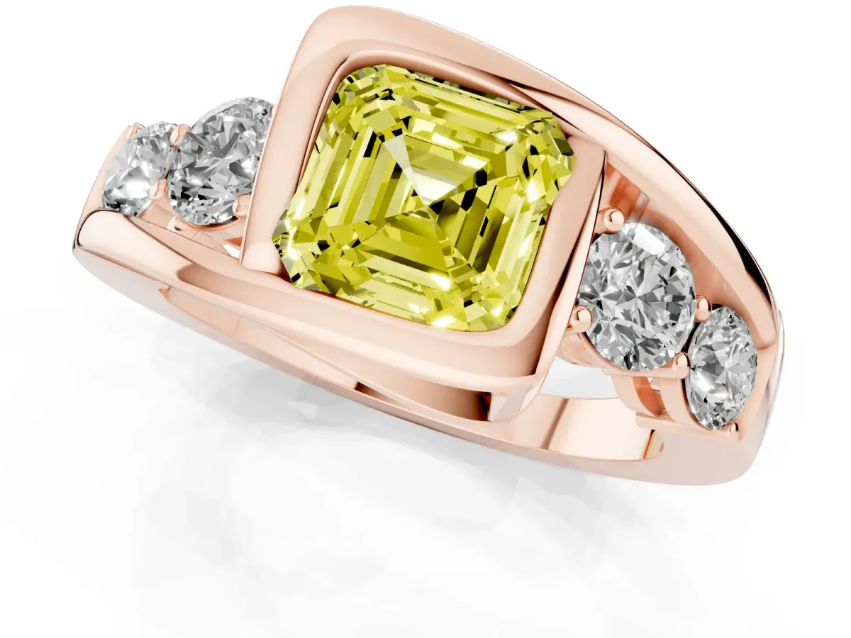Fancy Yellow Bezel Set Asscher Cut Diamond Bypass Ring with Round Accents Rose gold