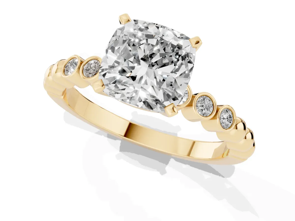 Cushion Cut Solitaire Bezel Accent Diamond Engagement Ring with Beaded Band and Four-Prong Setting Yellow gold