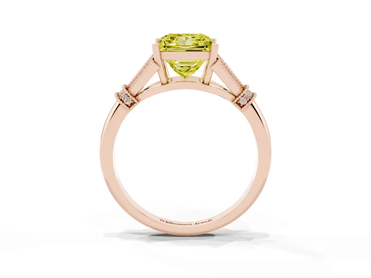 Fancy Yellow Princess Cut Diamond Solitaire Ring with Floral Filigree and Pave Accents Rose gold