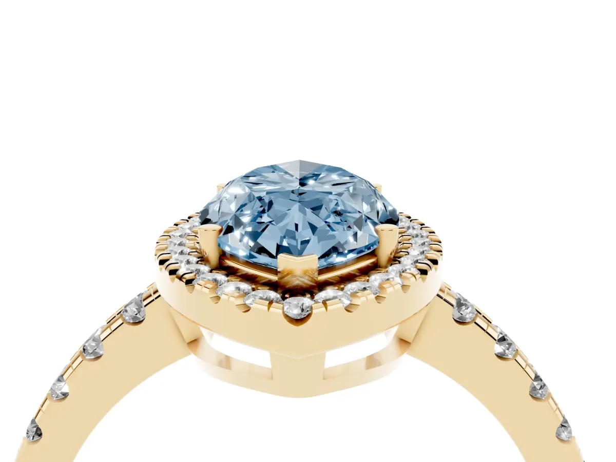 Fancy Blue Marquise Cut Diamond Halo Ring with Pavé Band and Four-Prong Setting Yellow gold