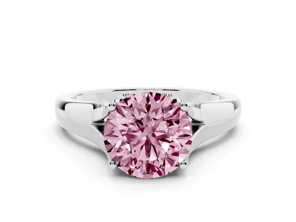 Fancy Pink Round Cut Solitaire Diamond Ring with Cathedral Band and Four-Prong Setting Silver