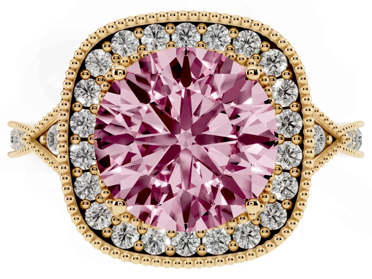 Fancy Pink Round Cut Halo Round Diamond Milgrain Pave Engagement Ring Yellow gold