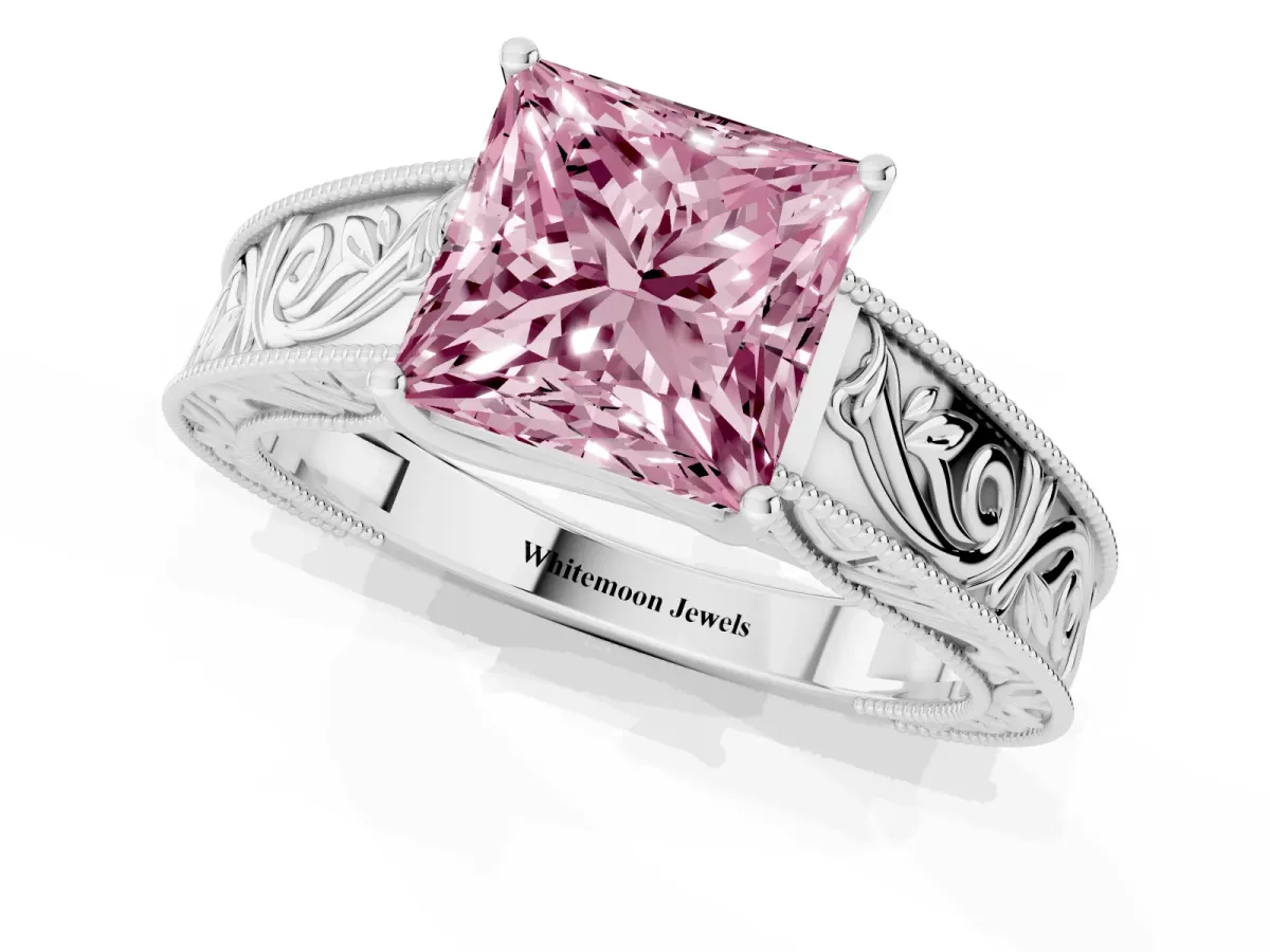 Fancy Pink Princess Cut Diamond Solitaire Ring with Engraved Band and Four-Prong Setting White gold