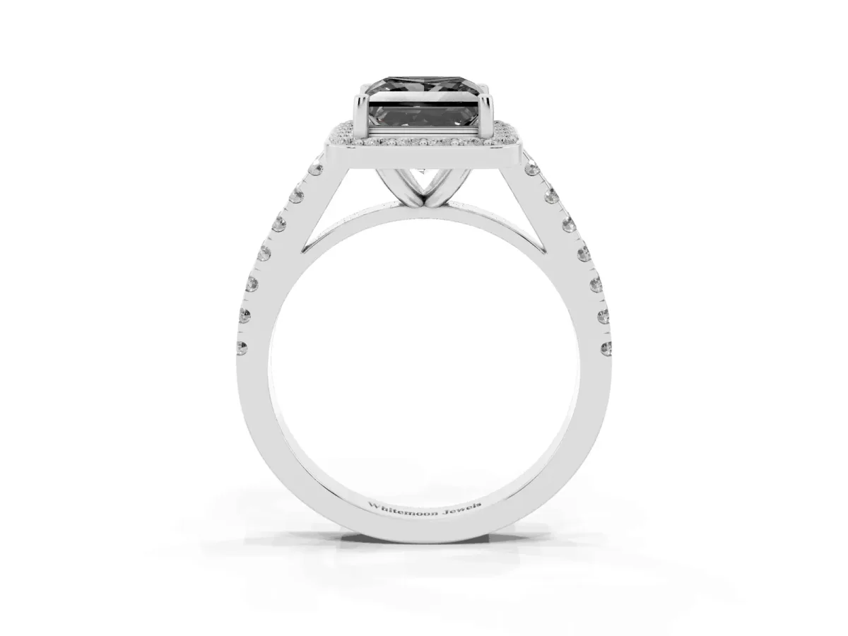 Fancy Black Princess Cut Diamond Halo Ring with Round Pavé Split Shank and Prong Setting Silver