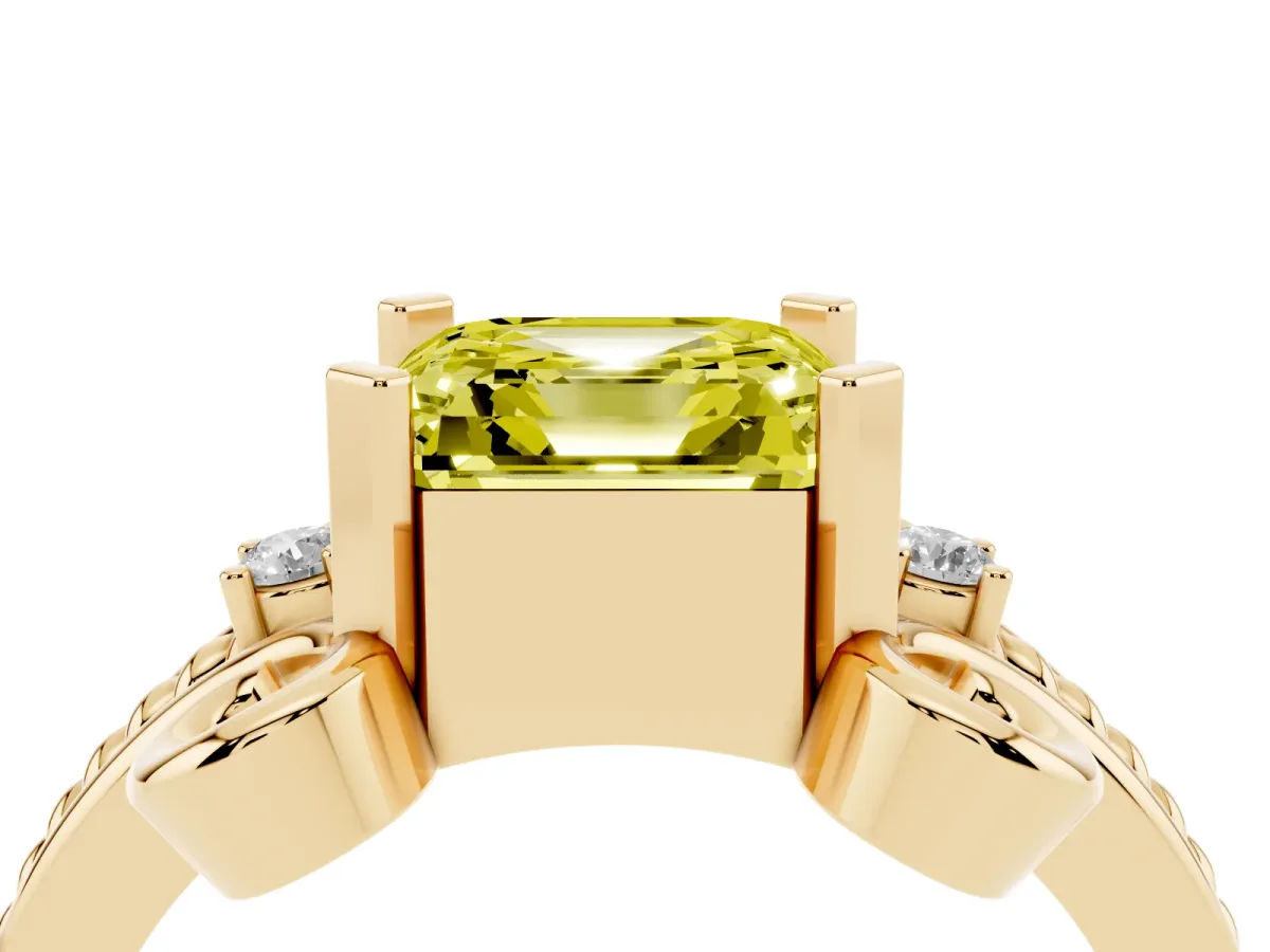 Fancy Yellow Asscher Cut Solitaire Twisted Band Scroll Prong Ring Yellow gold