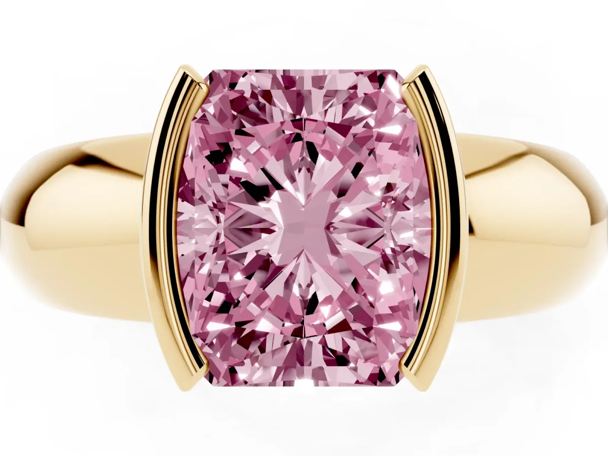 Fancy Pink Radiant Cut Solitaire Tension Set Diamond Ring with Wide Band Yellow gold