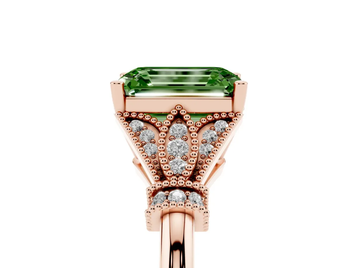 Fancy Green Emerald Cut Diamond Solitaire Ring with Floral Filigree and Pave Accents Rose gold