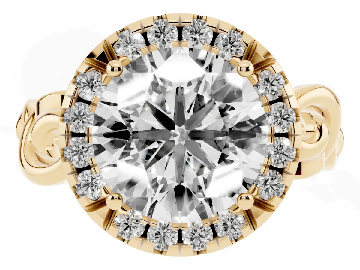 Round Cut Cut Halo Diamond Ring with Scrollwork Band and Four-Prong Setting Yellow gold