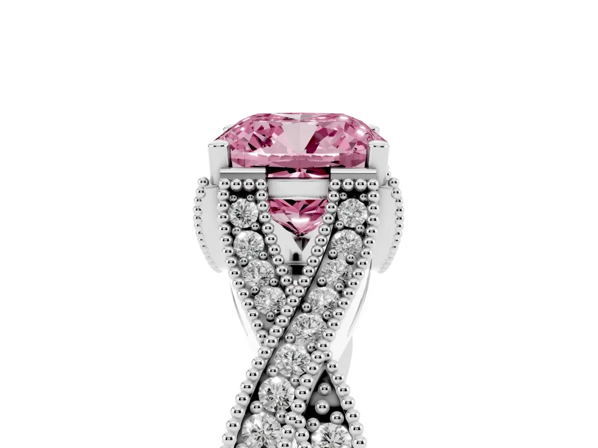 Fancy Pink Cushion Cut Cut Diamond Twisted Band with Milgrain Pave Setting and Four-Prong Setting Silver