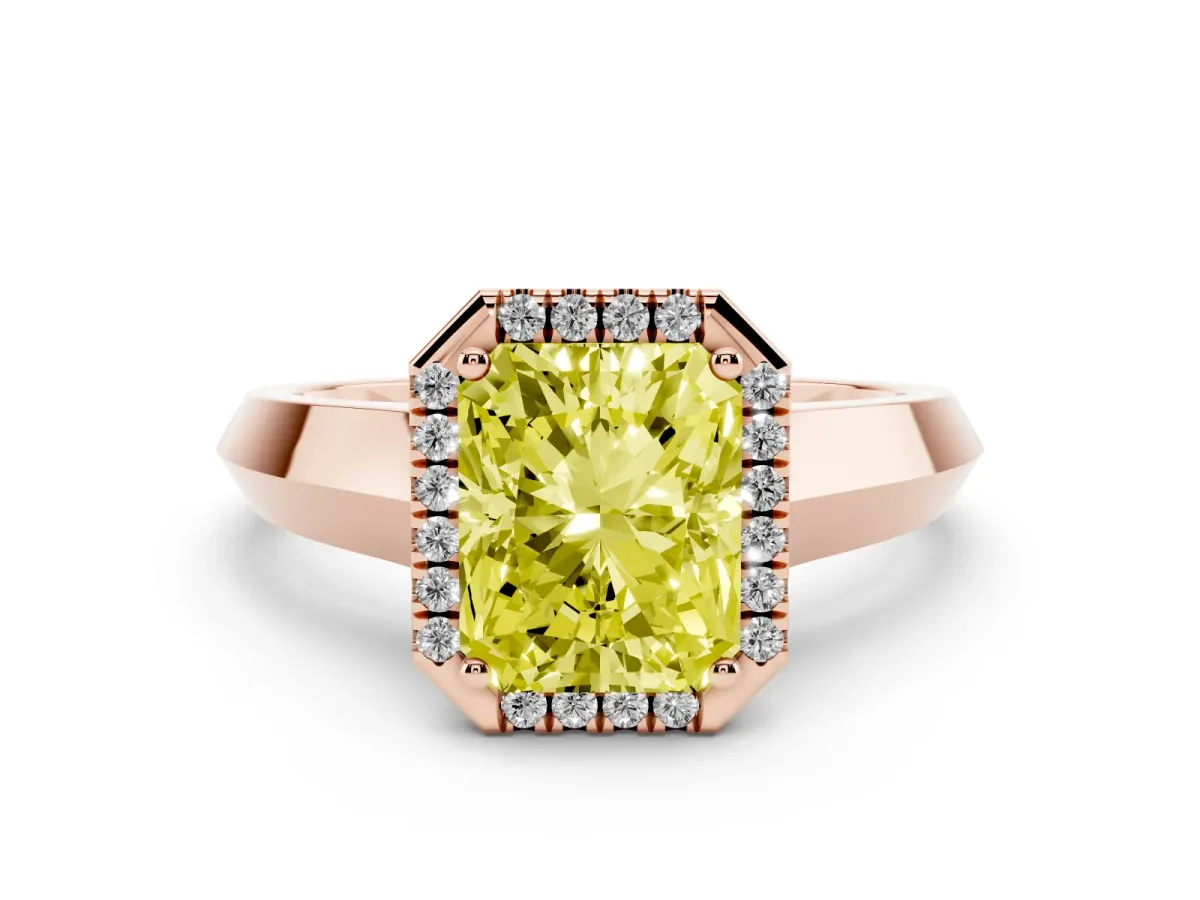 Fancy Yellow Radiant Cut Halo Diamond Ring with Cathedral Band and Four-Prong Setting Rose gold
