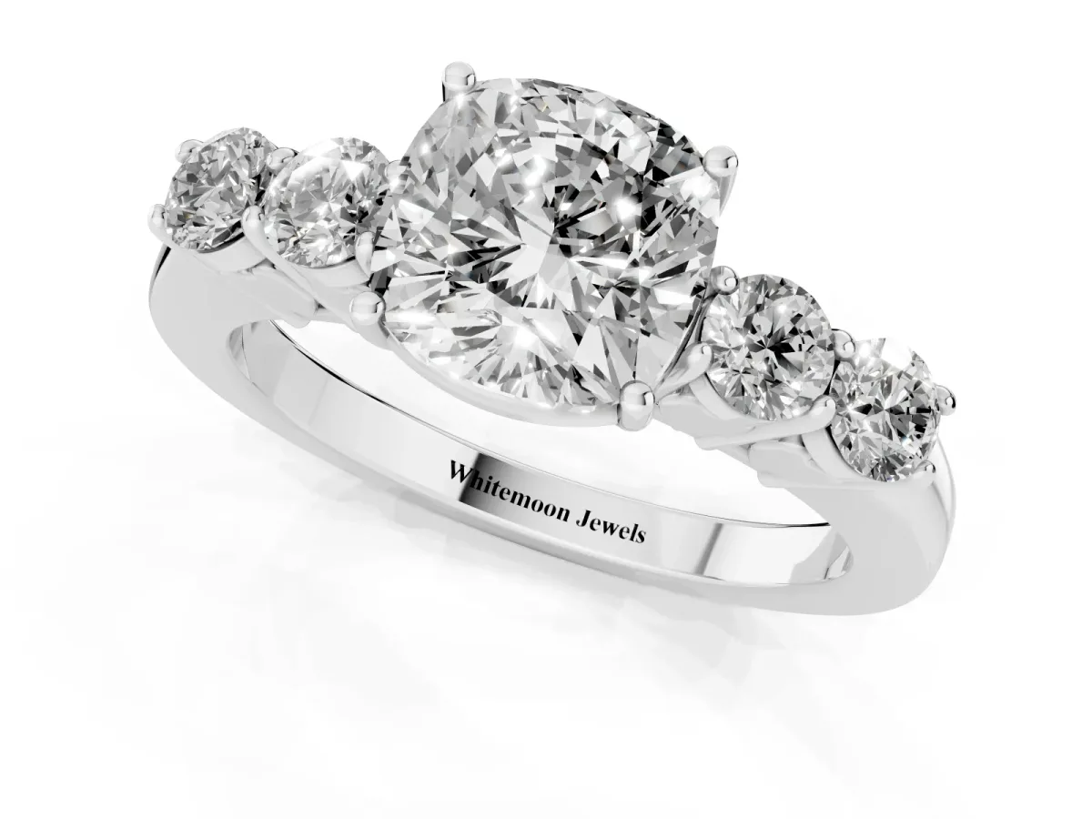 Cushion Cut Cut Diamond Five-Stone Prong Set White Gold Ring Platinum