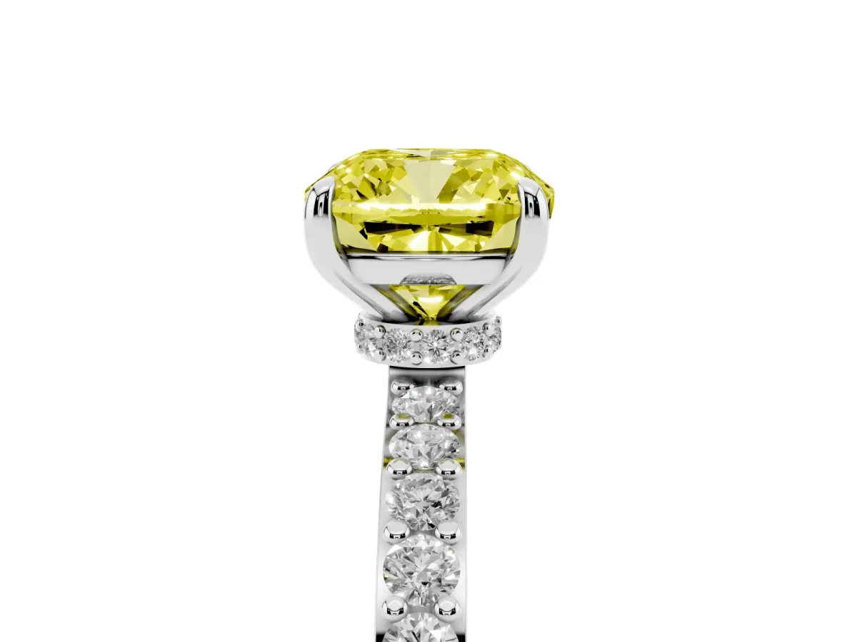 Fancy Yellow Cushion Cut Diamond Pavé Engagement Ring with Round Accents and Prong Setting Silver
