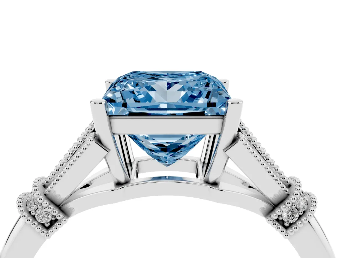 Fancy Blue Princess Cut Diamond Solitaire Ring with Floral Filigree and Pave Accents White gold