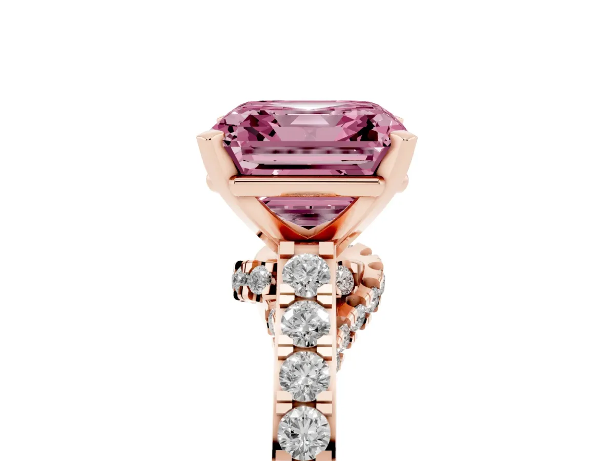 Fancy Pink Asscher Cut Diamond Solitaire Ring with Crossover Gallery and Round Pavé Band Rose gold