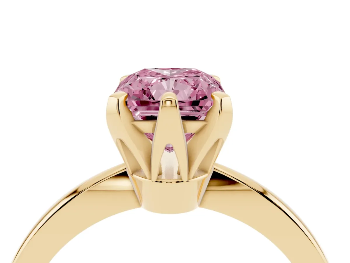 Fancy Pink Radiant Cut Solitaire Engagement Ring with Six-Prong Setting and Tapered Band Yellow gold