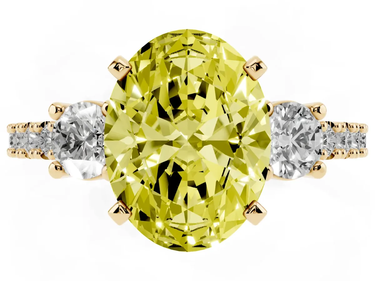 Fancy Yellow Oval Cut Three-Stone Diamond Pavé Band with Prong Setting Yellow gold