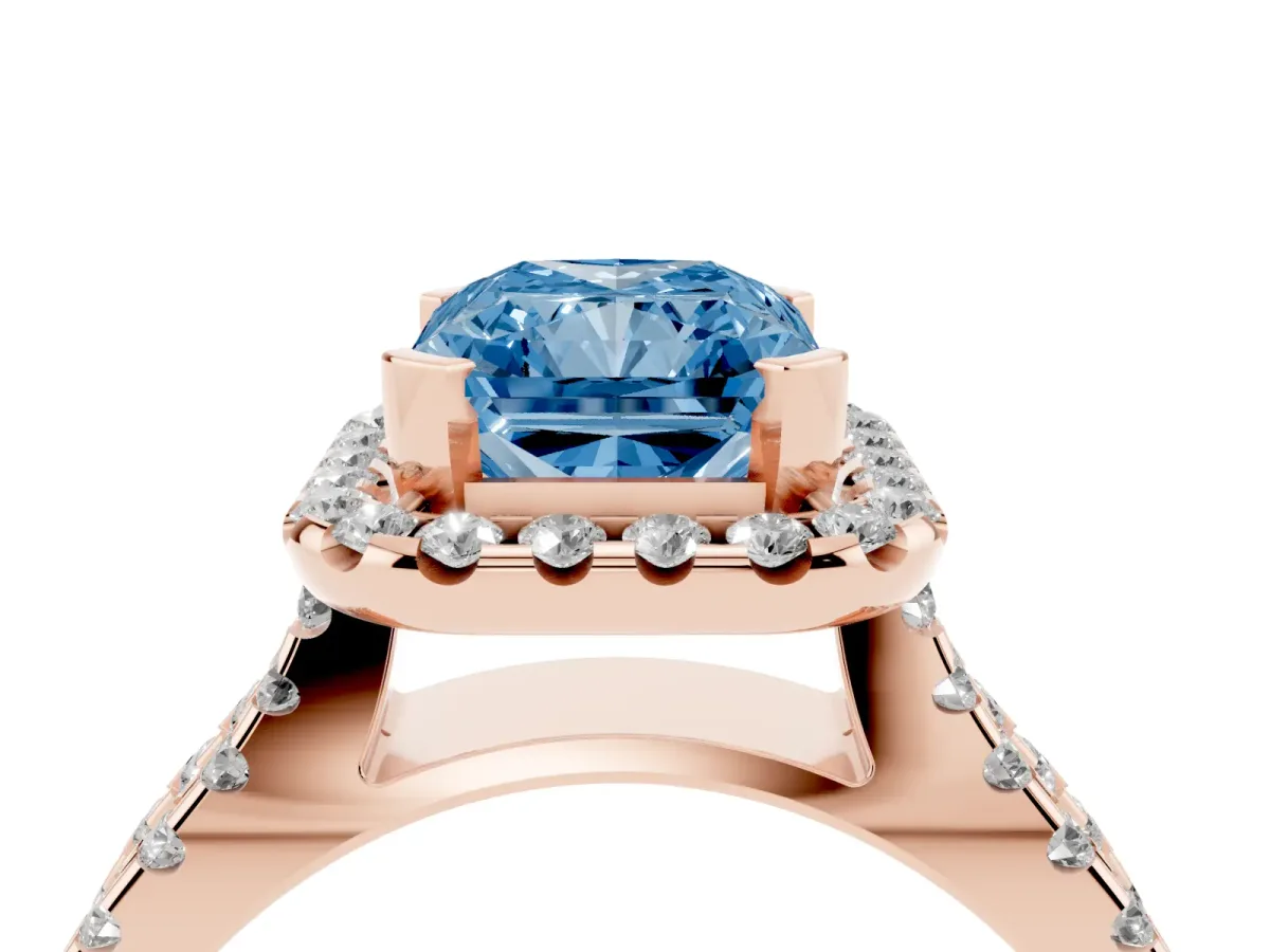 Fancy Blue Radiant Cut Diamond Halo Ring with Split Shank Pavé Band and Prong Setting Rose gold
