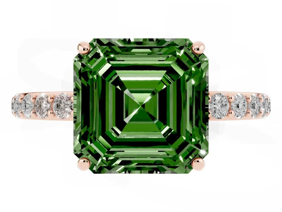 Fancy Green Asscher Cut Diamond Solitaire Ring with Round Pavé Shoulders and Prong Setting Rose gold