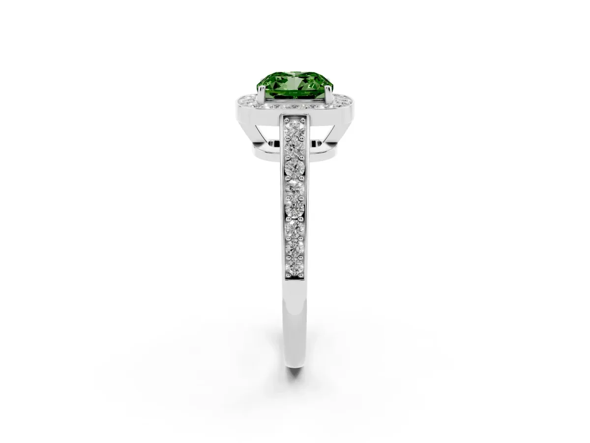 Fancy Green Cushion Cut Halo Pavé Diamond Engagement Ring with Bezel Setting Silver
