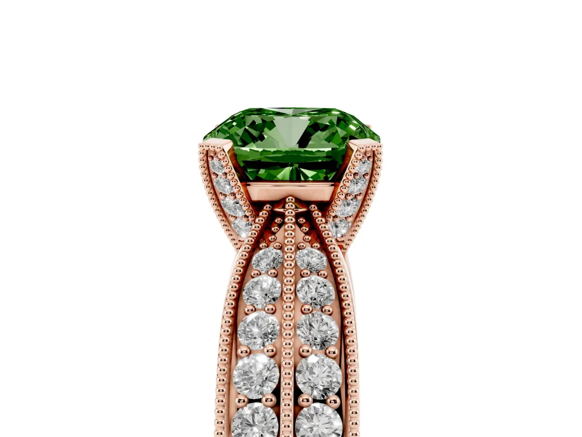 Fancy Green Cushion Cut Diamond Solitaire Ring with Milgrain Round Pavé Band and Prong Setting Rose gold