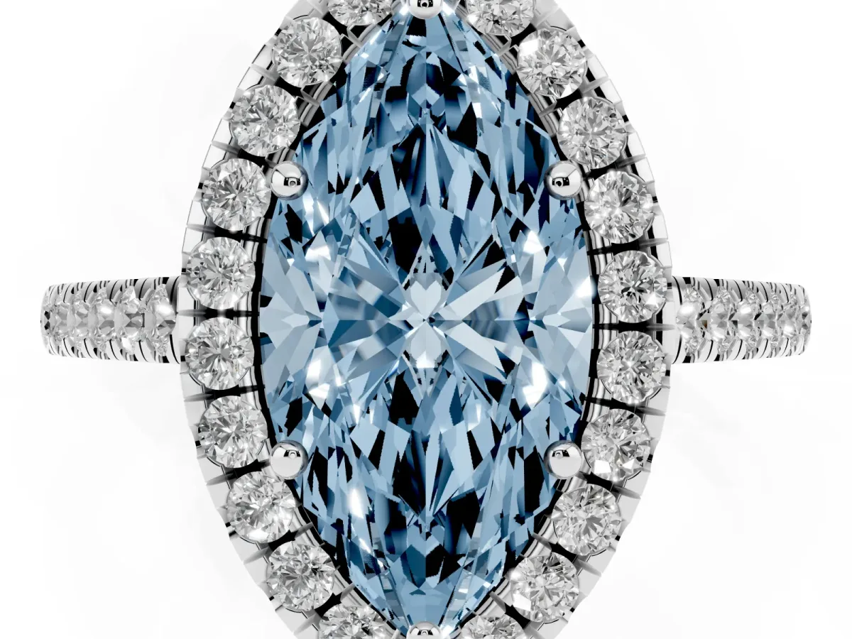 Fancy Blue Marquise Cut Halo Pavé Diamond Engagement Ring with Four-Prong Setting Platinum