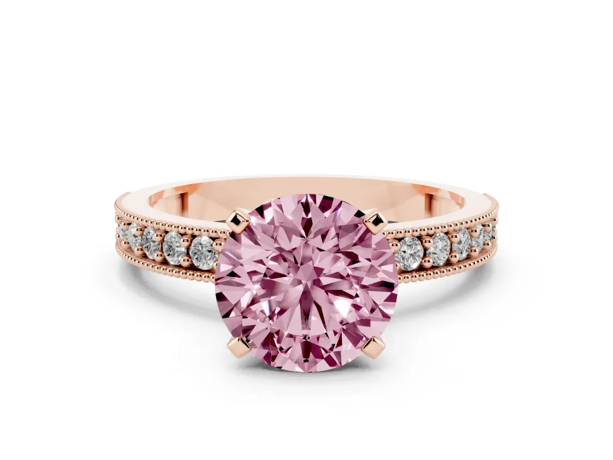 Fancy Pink Round Cut Diamond Milgrain Pavé Engagement Ring with Four-Prong Setting Rose gold
