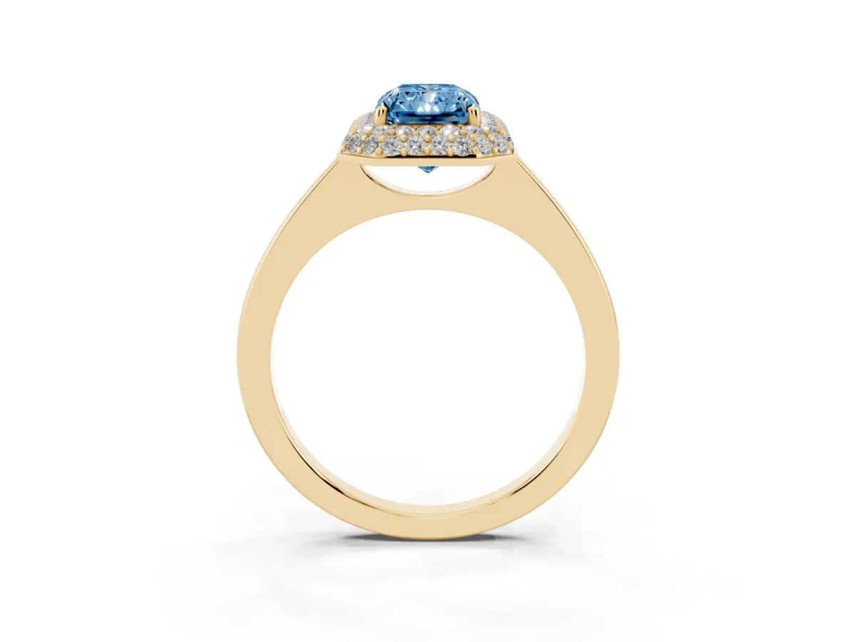 Fancy Blue Radiant Cut Halo Diamond Engagement Ring with Solitaire Band and Four-Prong Setting Yellow gold