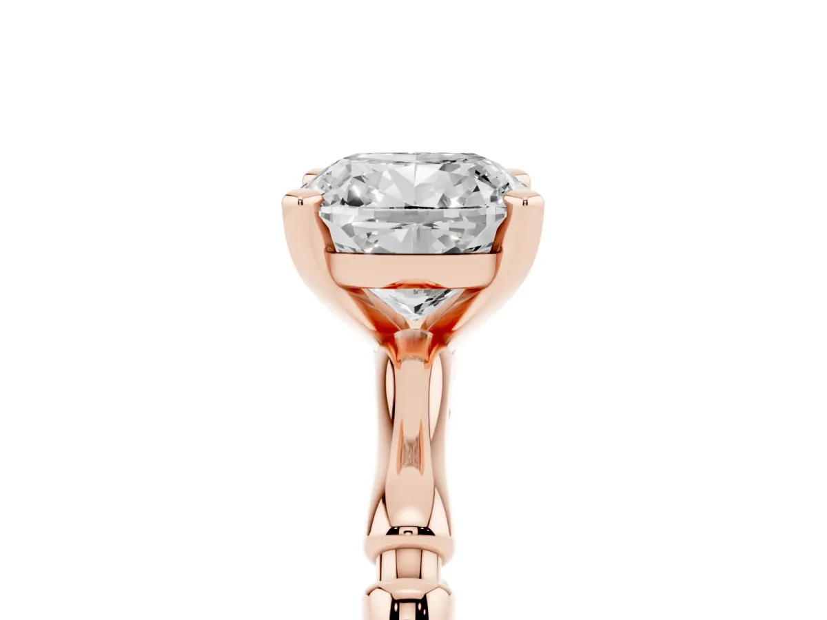Cushion Cut Solitaire Diamond Ring with Bamboo Band and Four-Prong Setting Rose gold