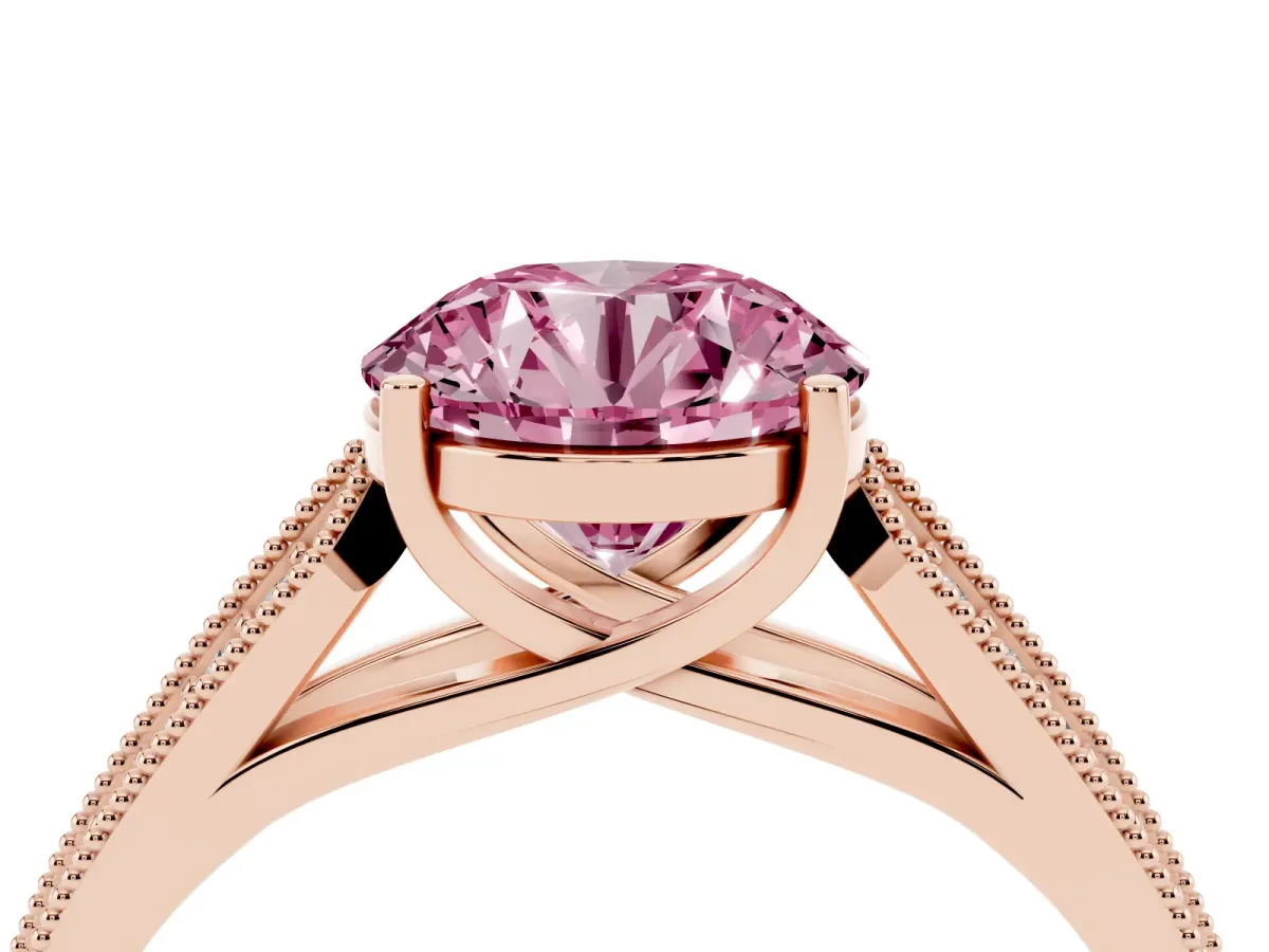 Fancy Pink Round Cut Cut Pave Split Shank Engagement Ring with Four-Prong Setting Rose gold