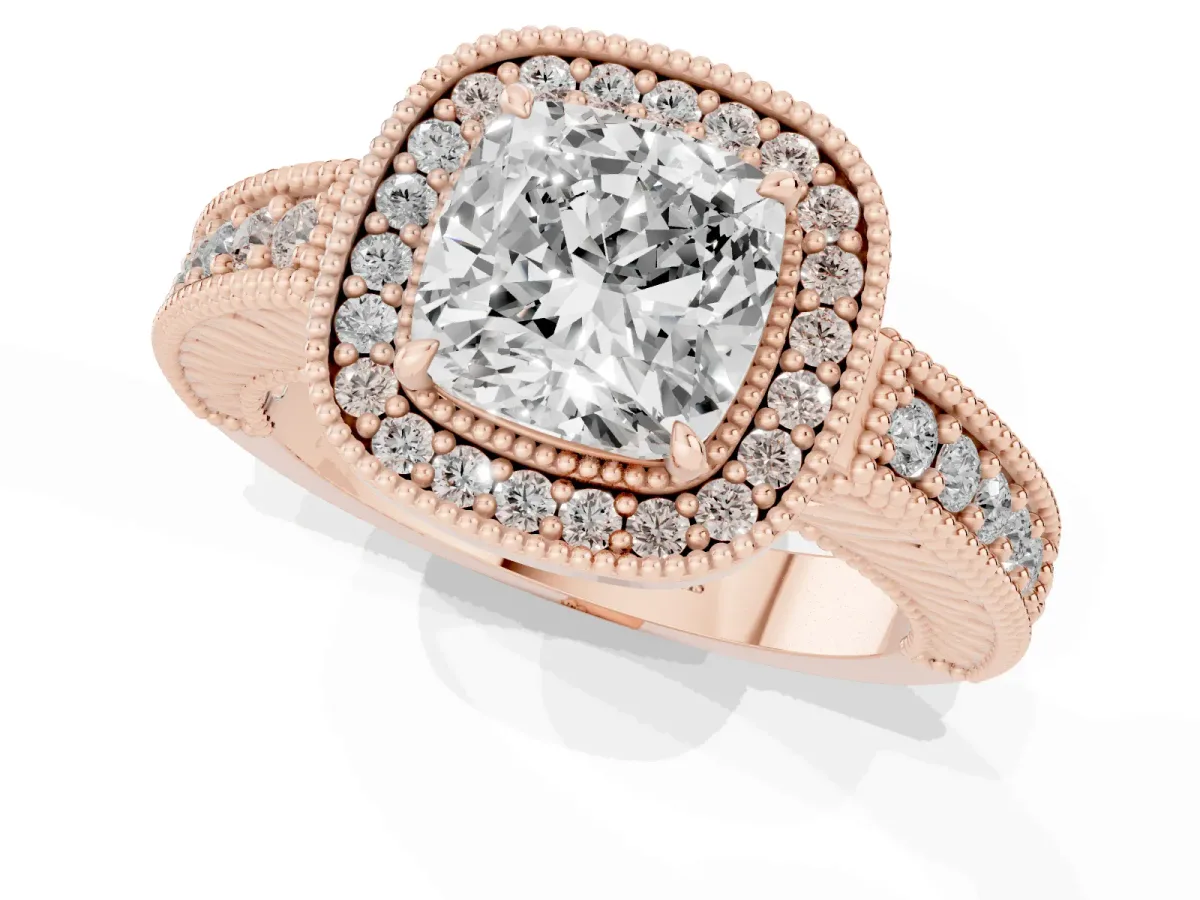 Cushion Cut Cut Halo Diamond Ring with Pavé Band and Four-Prong Setting Rose gold