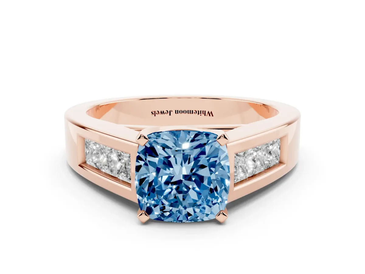 Fancy Blue Cushion Cut Cut Channel Set Solitaire Ring with Four-Prong Setting Rose gold