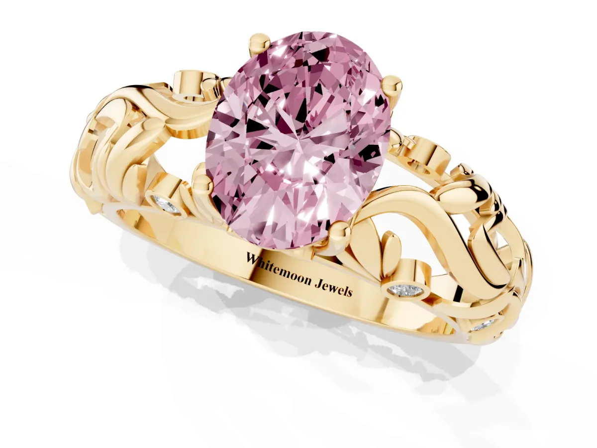 Fancy Pink Oval Cut Solitaire Diamond Leaf-Inspired Vine Band Ring with Prong Setting Yellow gold