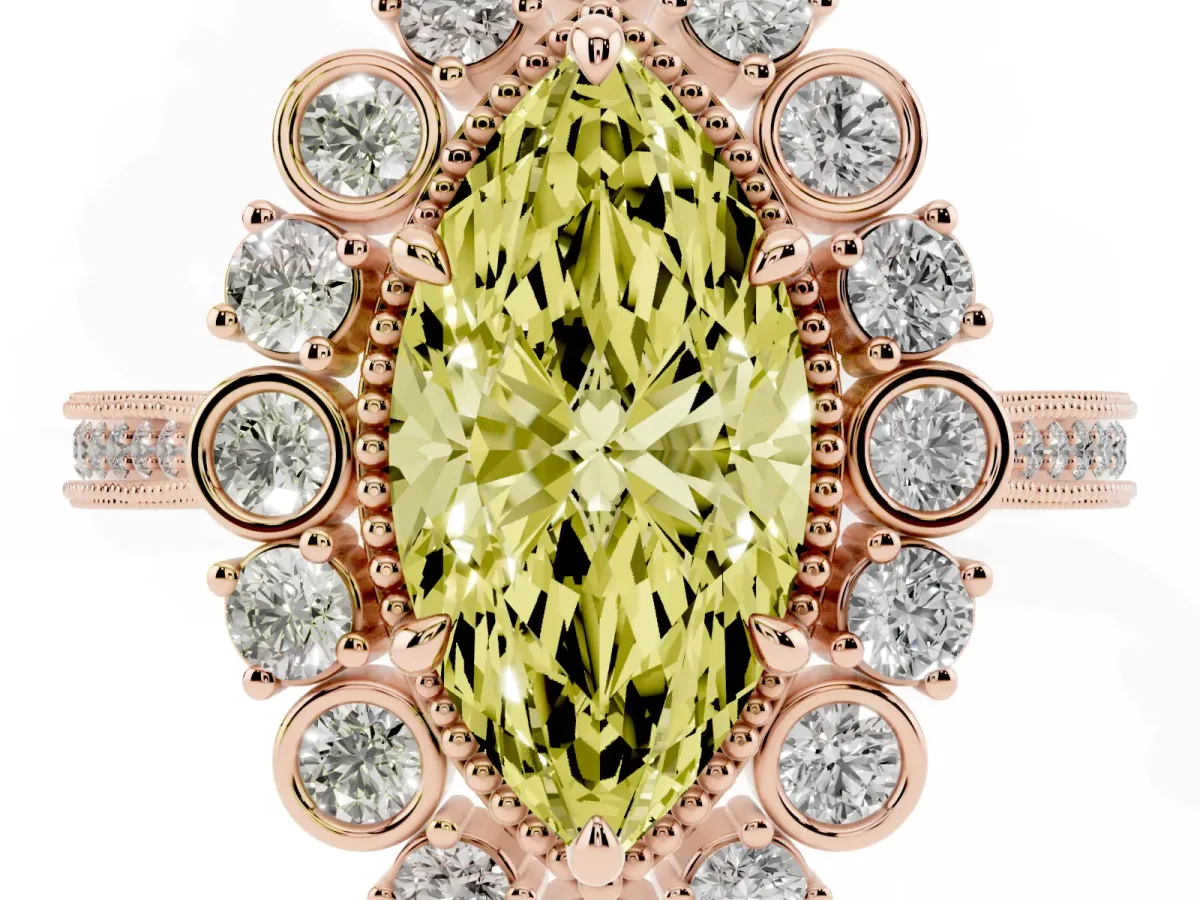 Fancy Yellow Marquise Cut Halo Milgrain Pave Diamond Ring with Four-Prong Setting Rose gold