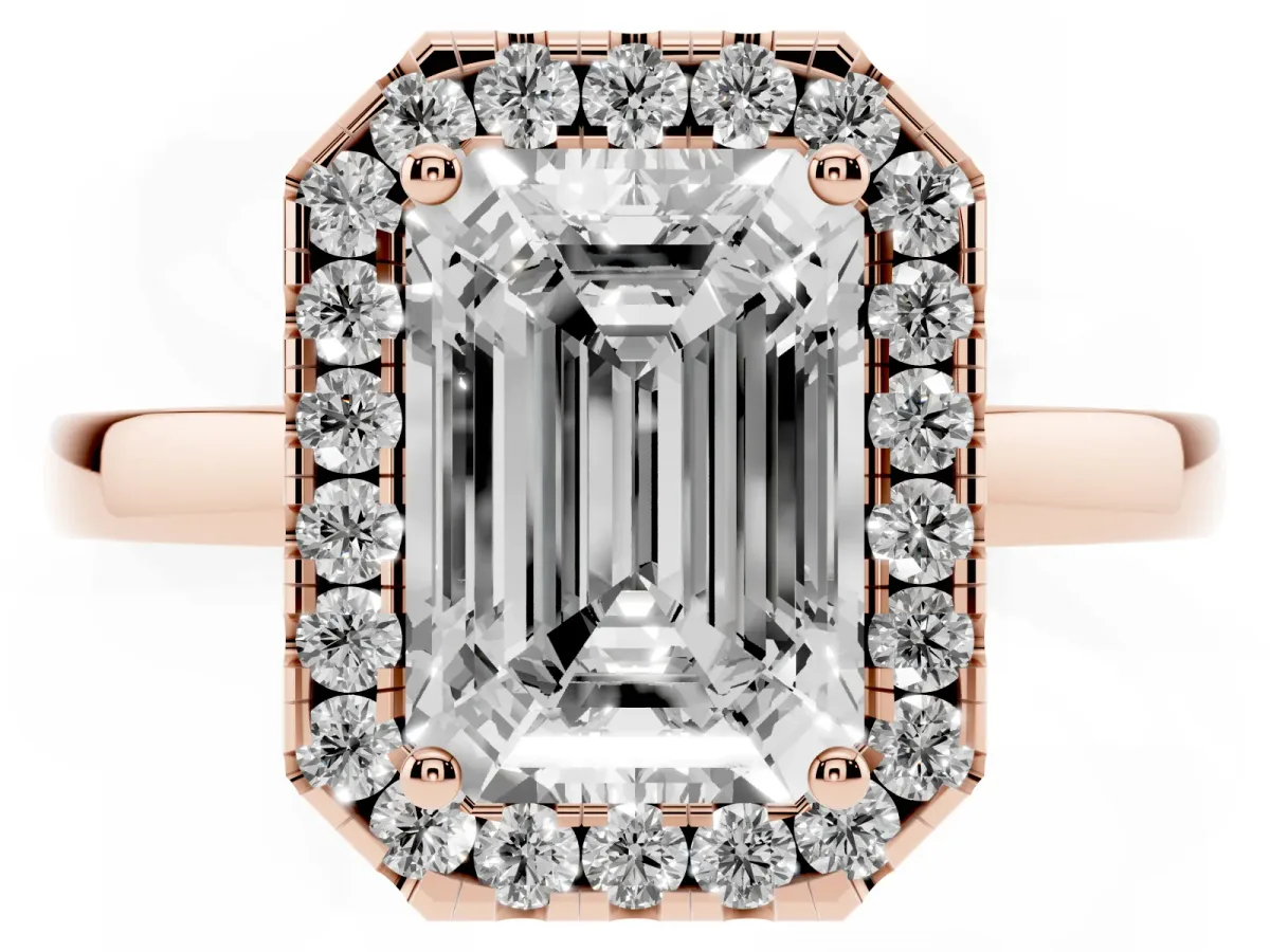 Emerald Cut Halo Diamond Solitaire with Pavé Band and Four-Prong Setting Rose gold