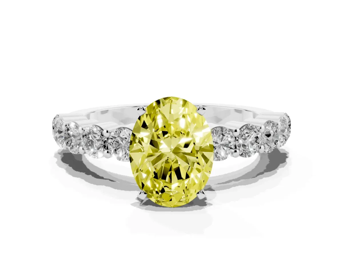 Fancy Yellow Oval Cut Diamond Solitaire Ring with Shared Prong Round Side Stones Silver