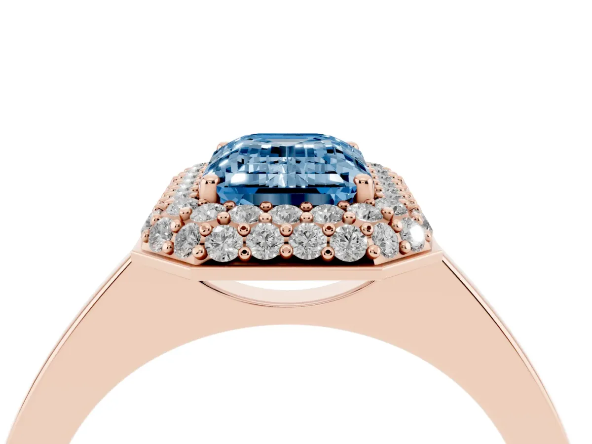 Fancy Blue Emerald Cut Halo Diamond Engagement Ring with Solitaire Band and Four-Prong Setting Rose gold