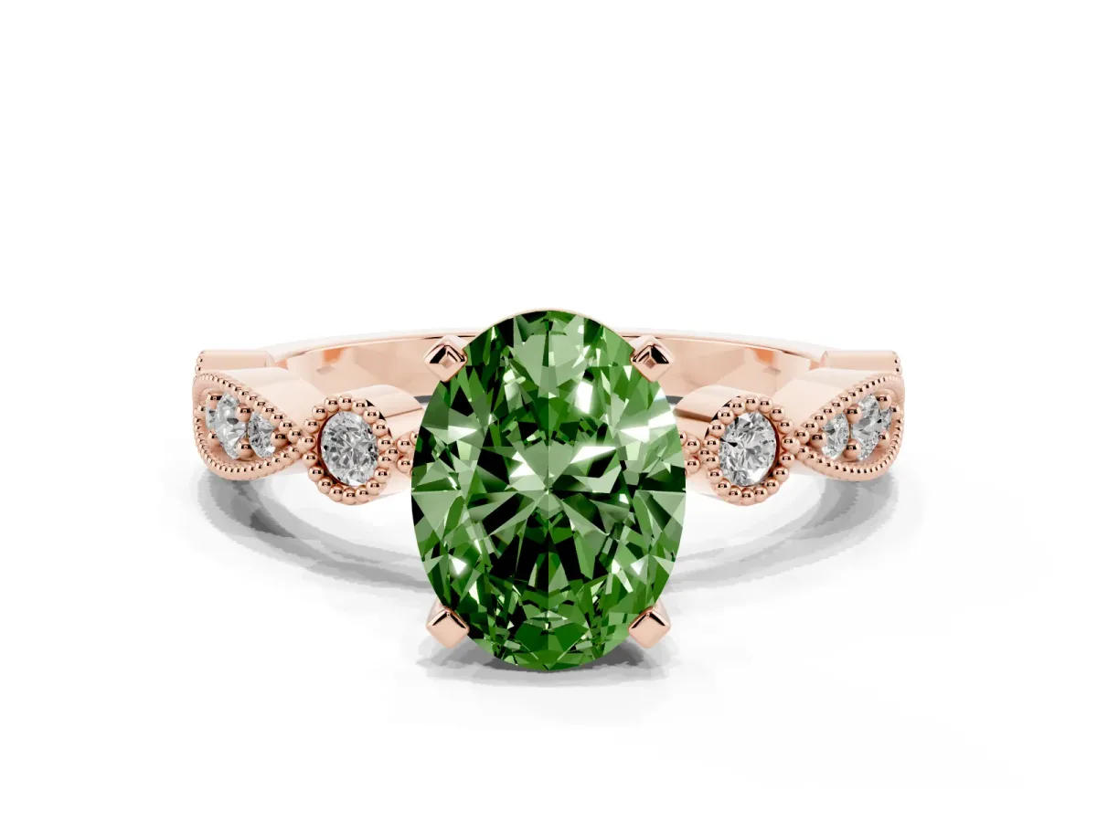 Fancy Green Oval Cut Milgrain Bezel Diamond Engagement Ring with Solitaire Prong Setting Rose gold