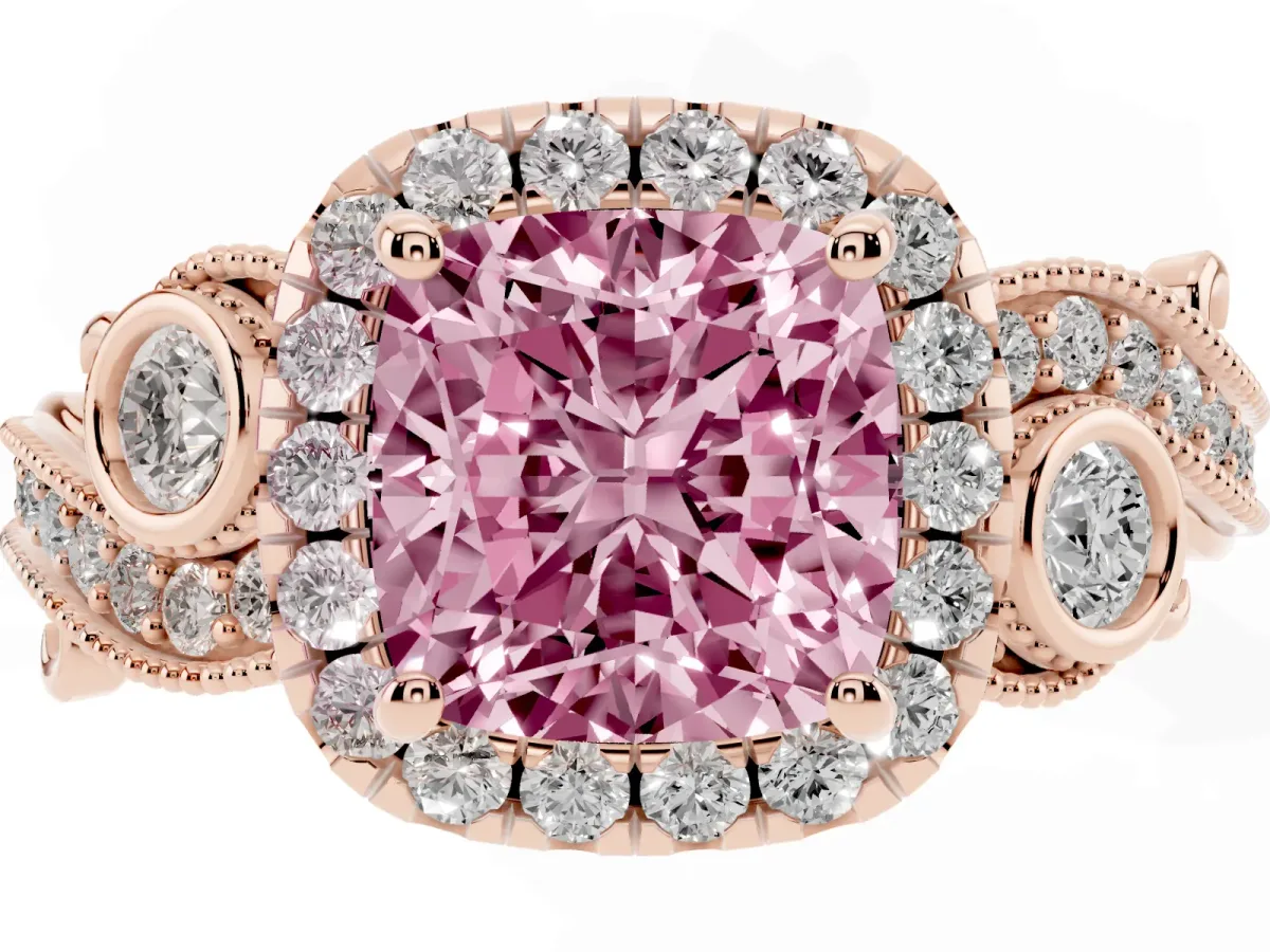 Fancy Pink Cushion Cut Halo Diamond Ring with Milgrain and Bezel Accents on a Split Shank Band Rose gold