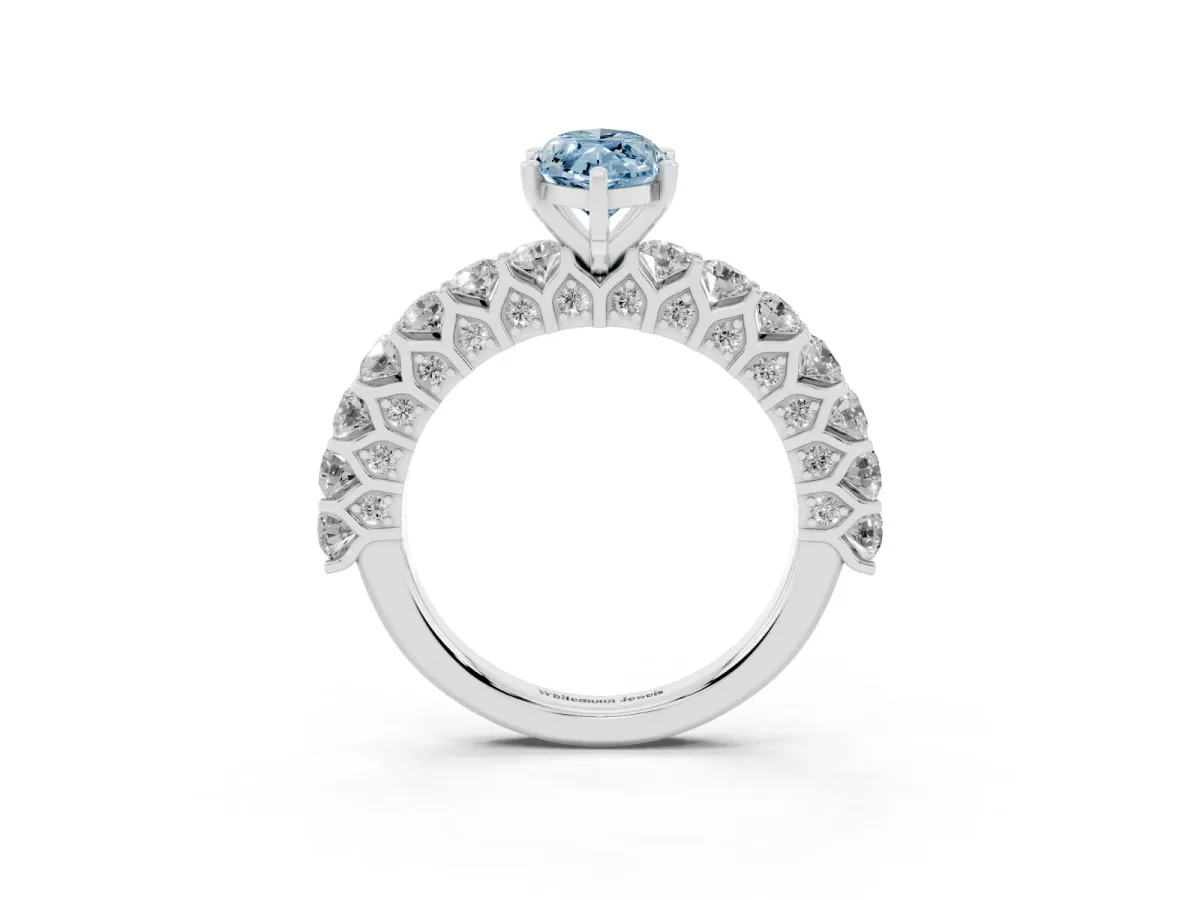 Fancy Blue Marquise Cut Diamond Solitaire Ring with Shared Prong Pavé Band and Four-Prong Setting Silver