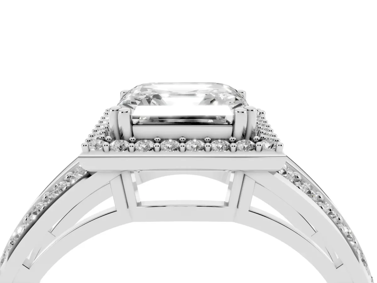 Asscher Cut Diamond Halo Ring with Split Shank Pavé Band and Four-Prong Setting White gold