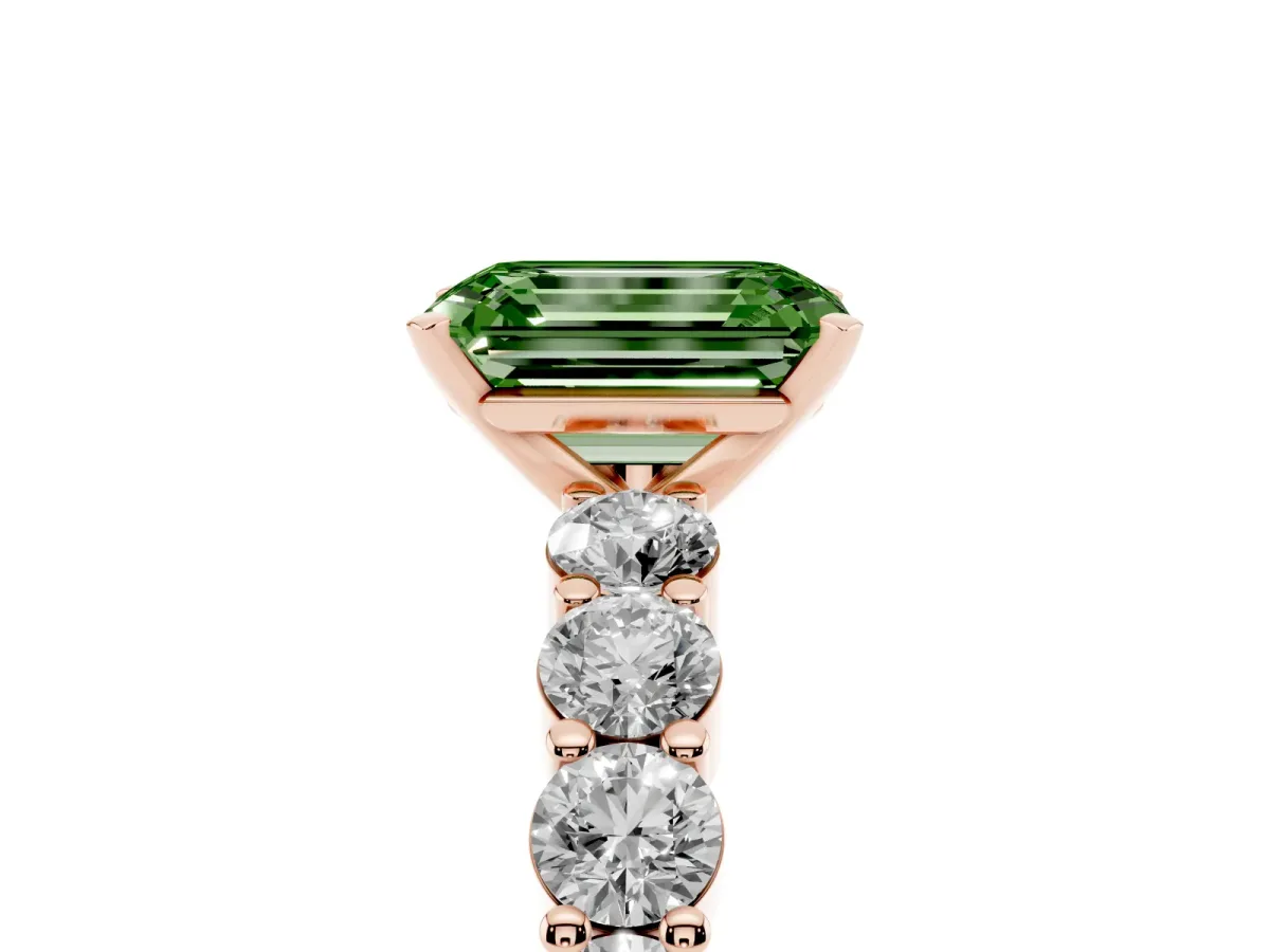 Fancy Green Emerald Cut Diamond Solitaire Ring with Shared Prong Round Side Stones Rose gold