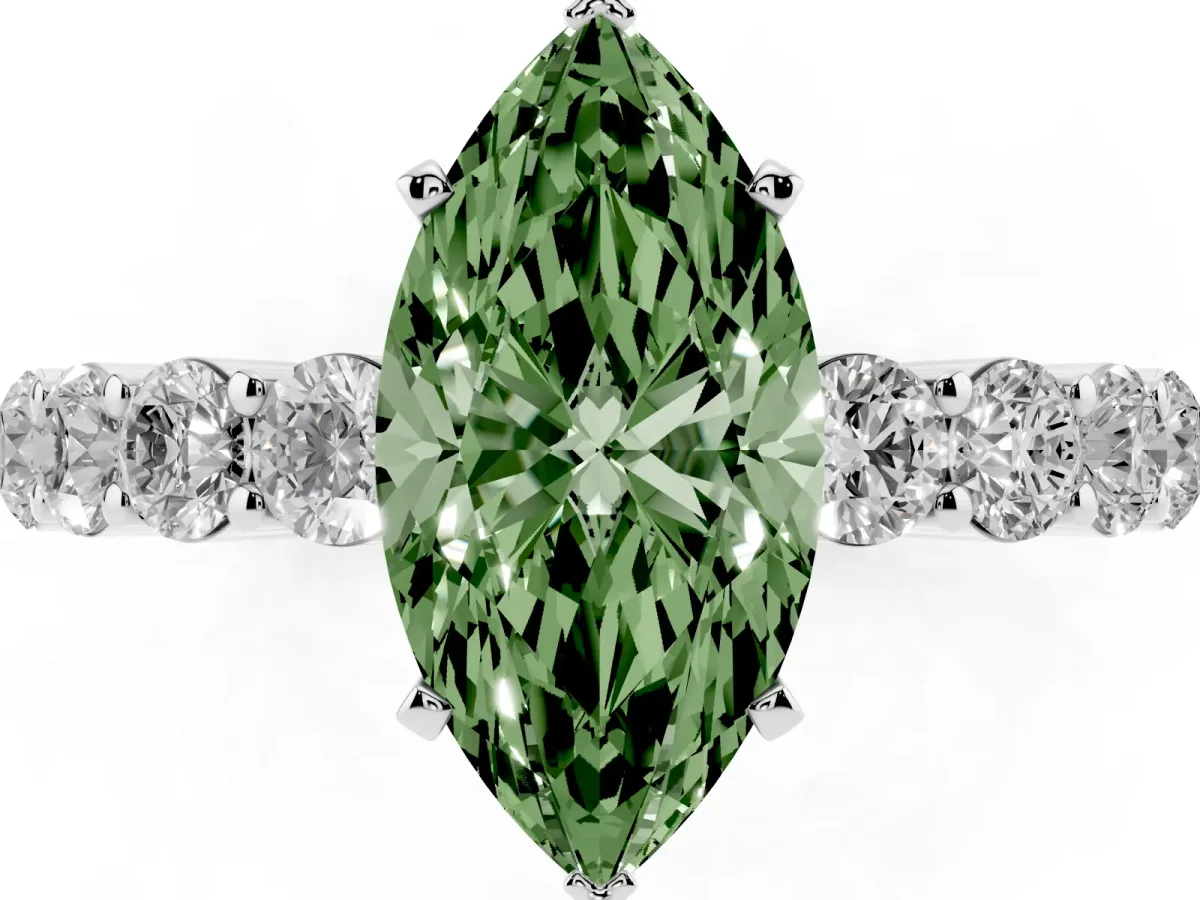 Fancy Green Marquise Cut Diamond Solitaire Ring with Shared Prong Round Side Stones Silver
