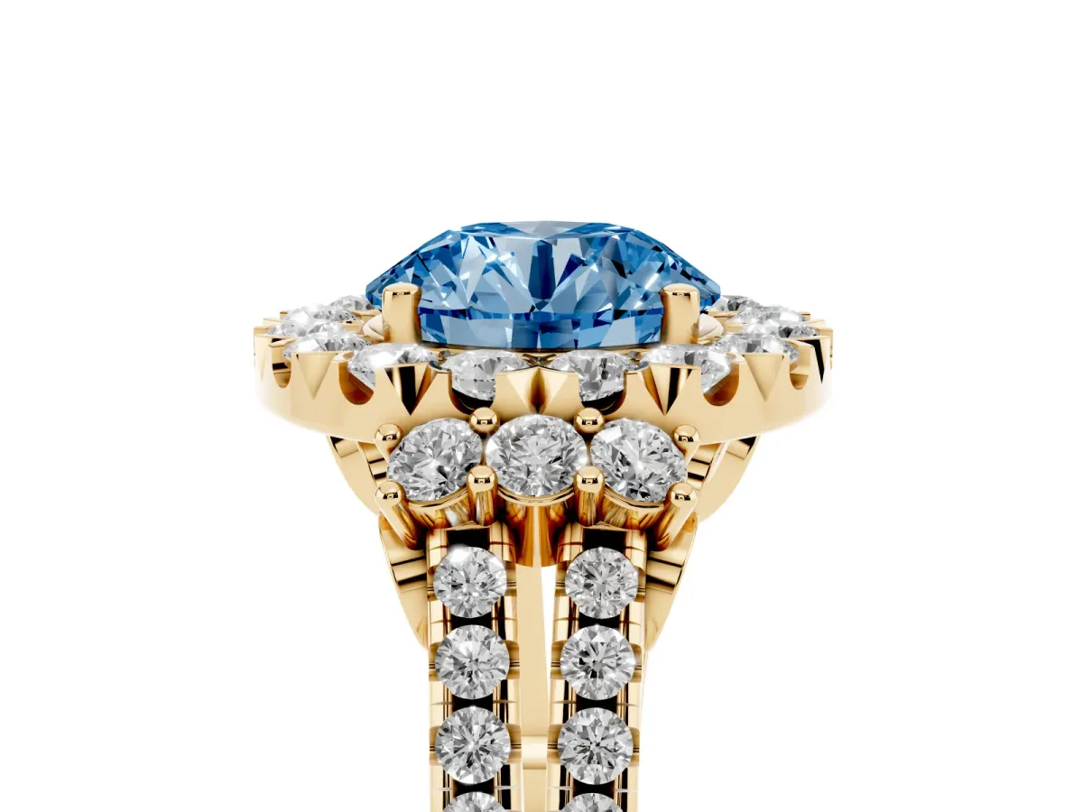 Fancy Blue Round Cut Cut Double Halo Diamond Engagement Ring with Pave Band and Four-Prong Setting Yellow gold
