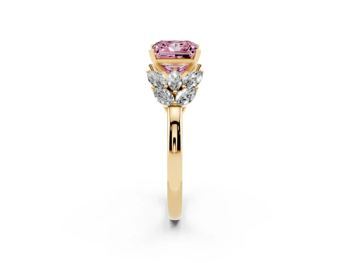 Fancy Pink Princess Cut Diamond Cluster Leaf Design Ring with Prong Setting Yellow gold