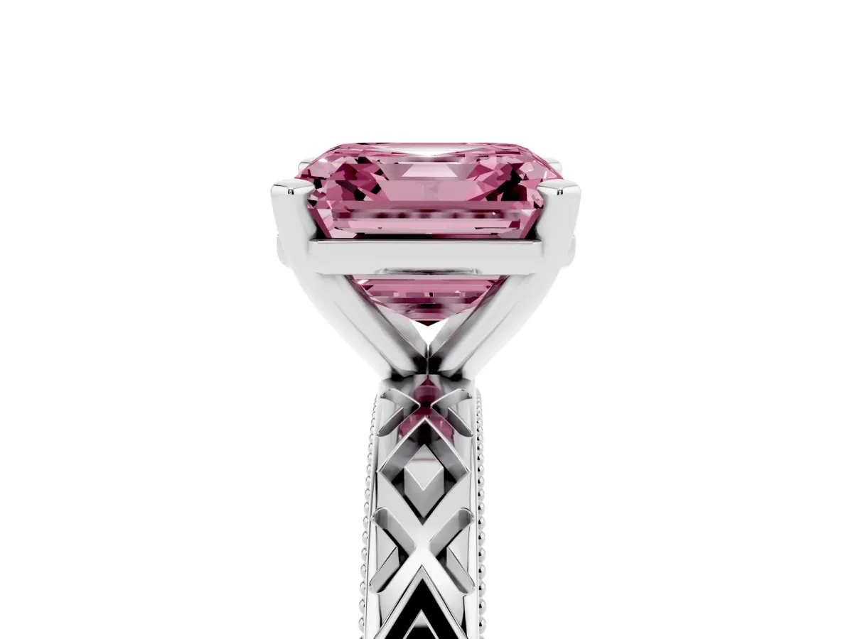 Fancy Pink Asscher Cut Solitaire Diamond Ring with Milgrain and Black Enamel X Pattern Band Silver