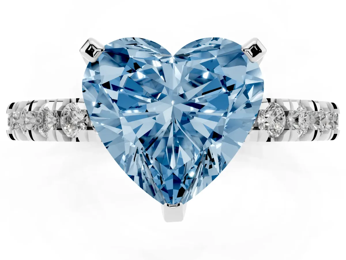 Fancy Blue Heart Cut Diamond Pavé Band Solitaire with Four-Prong Setting Silver